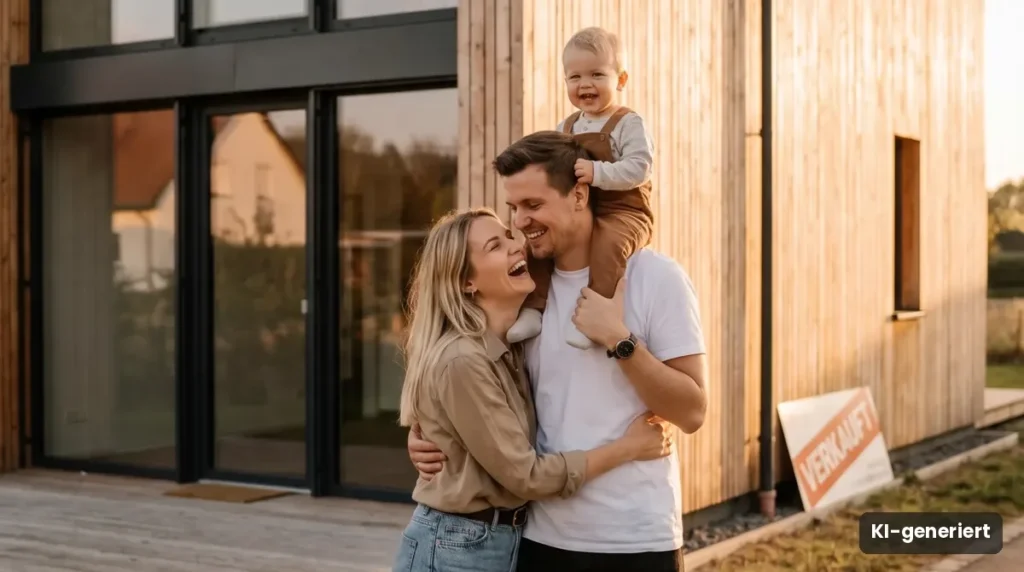 Junge Familie mit Kleinkind lacht vor einem neuen Holzhaus mit Verkauft-Schild