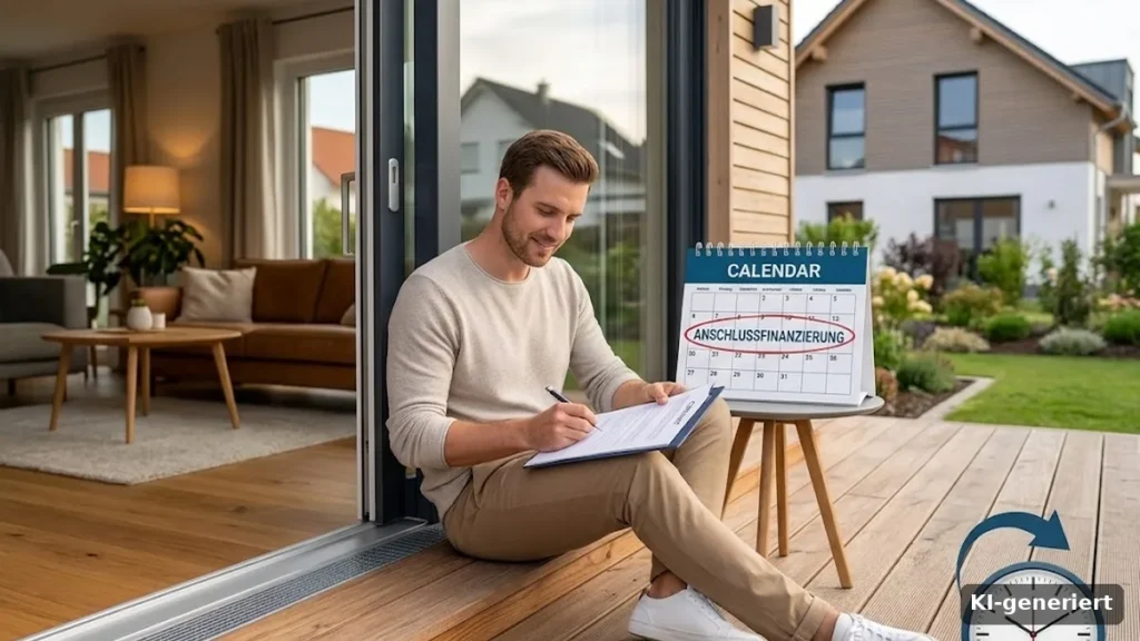 Mann notiert auf der Terrasse Termine, daneben ein Kalender und eine Uhr