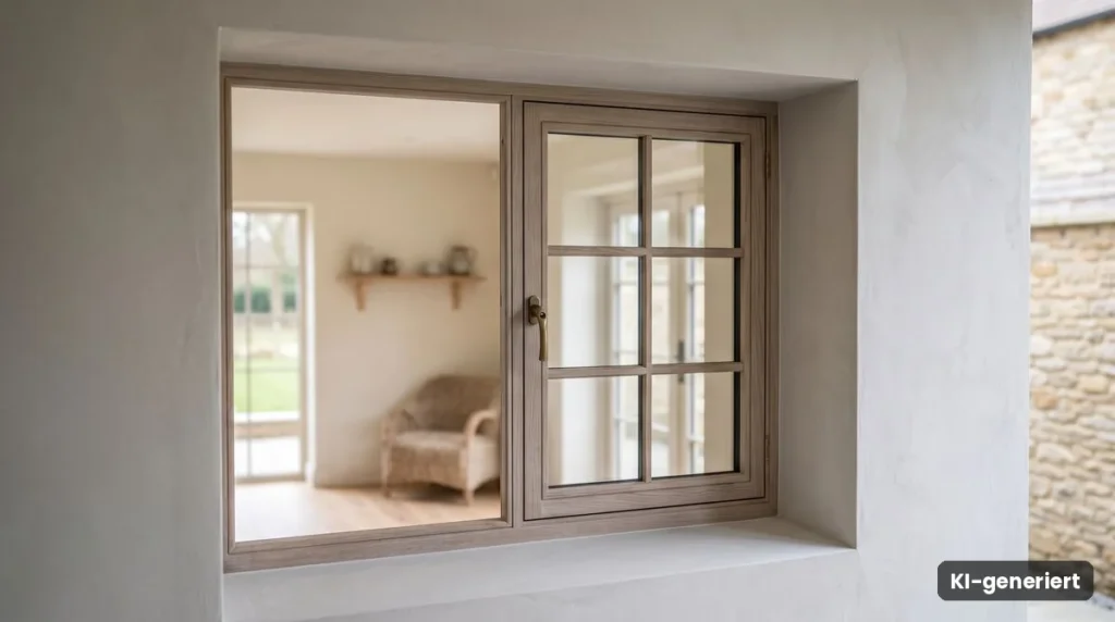 Neu eingebautes Holzfenster in einer frisch verputzten Wandöffnung