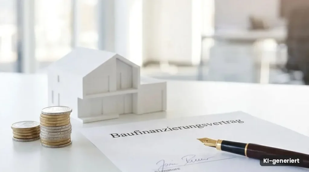Baufinanzierungsvertrag mit Füller, Münzstapel und weißem Hausmodell auf einem Tisch