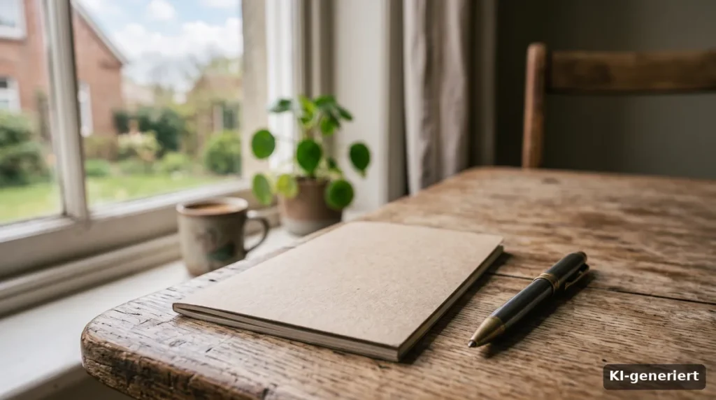 Notizbuch und Stift auf einem Holztisch am Fenster