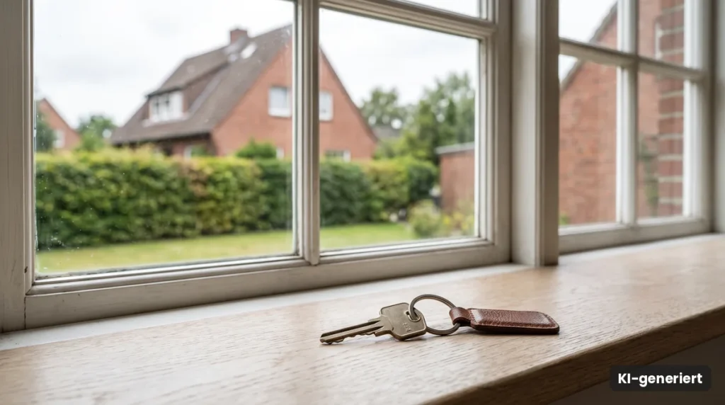 Hausschlüssel liegt auf einer Fensterbank, im Hintergrund Einfamilienhäuser