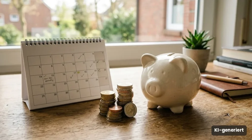 Tischkalender, Münzstapel und Sparschwein auf einem Schreibtisch
