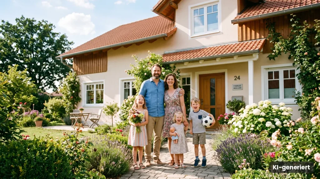 Familie mit drei Kindern steht vor ihrem Einfamilienhaus mit Garten