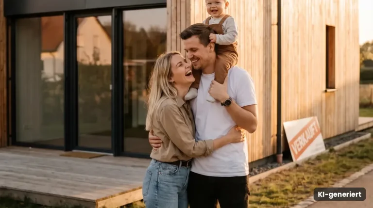 Junge Familie mit Kind auf den Schultern vor einem modernen Holzhaus