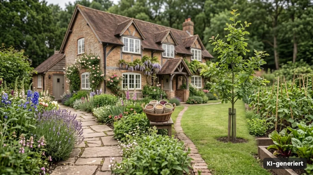 Einfamilienhaus aus Backstein mit Bauerngarten, Lavendel und jungem Obstbaum