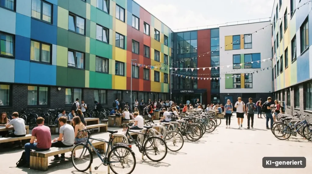 Bunte moderne Wohnhäuser mit Innenhof, Fahrrädern und Menschen an Tischen