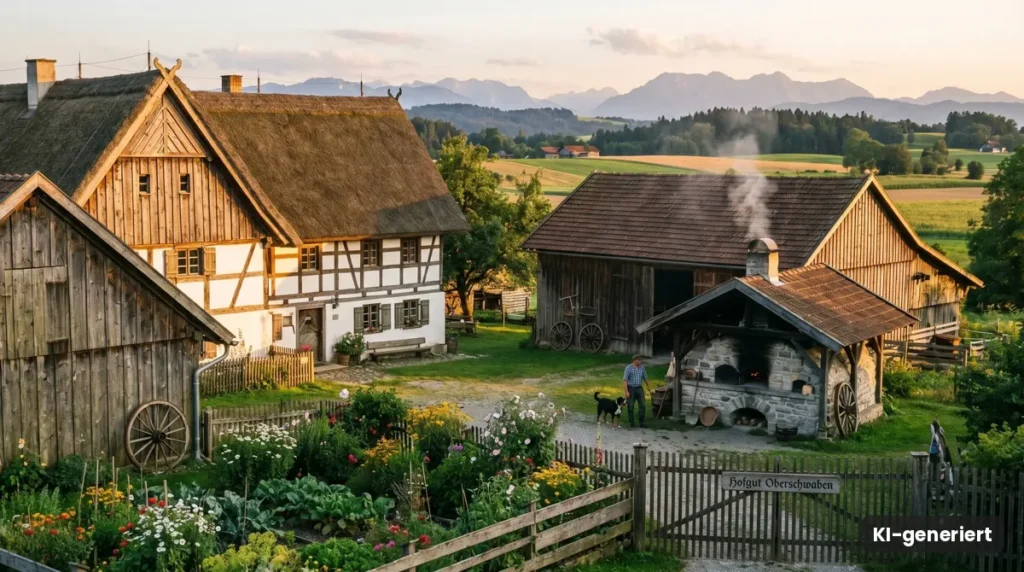 Ländliche Fachwerkhäuser mit Bauerngarten im Abendlicht