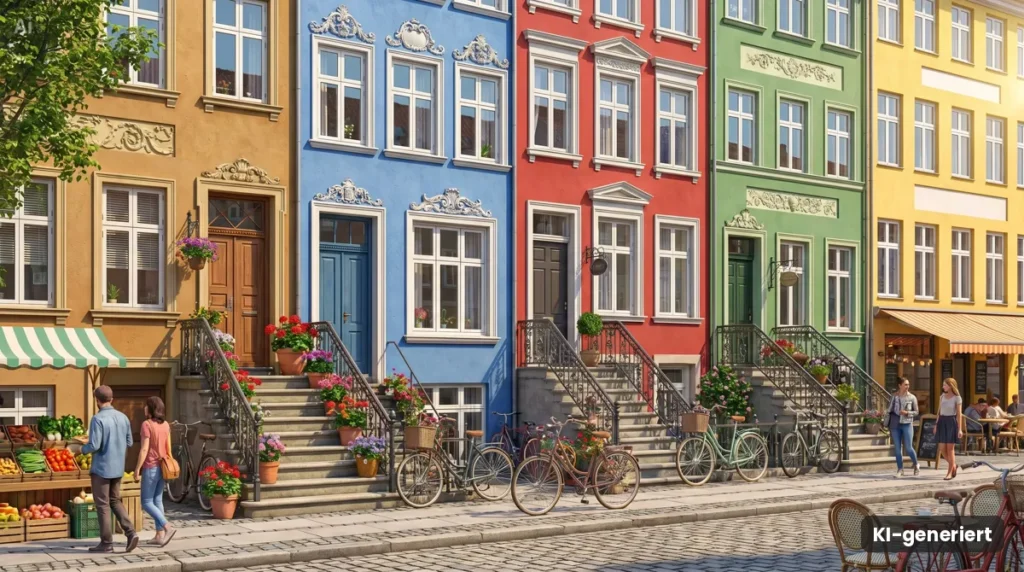 Bunte Altbauhäuser mit Treppen an einer belebten Straße