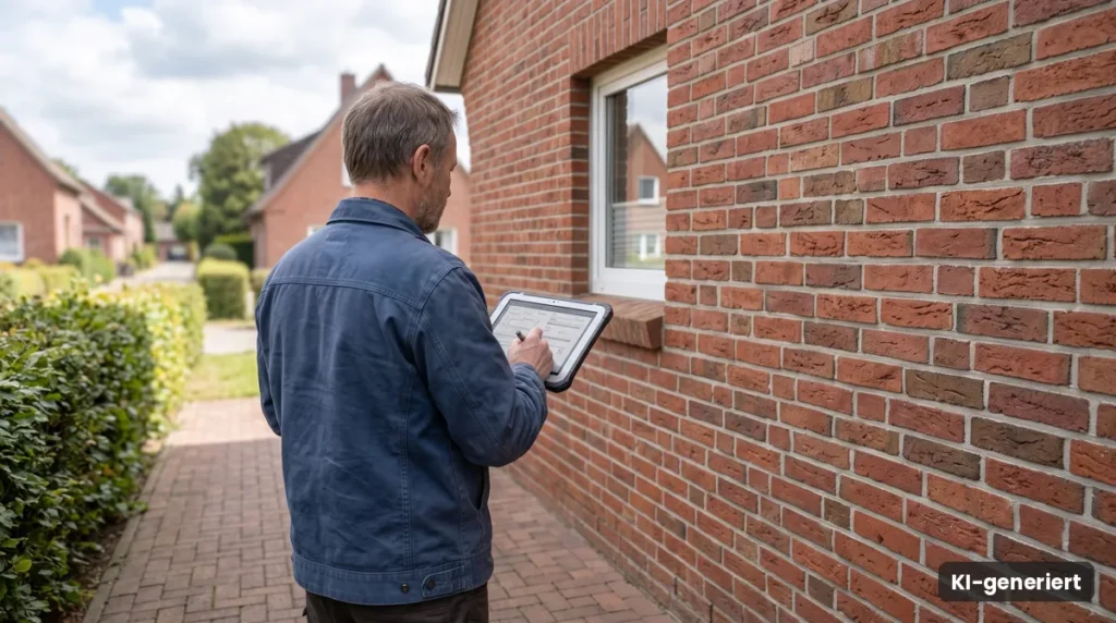 Energieberater prüft mit einem Tablet die Klinkerfassade eines Hauses