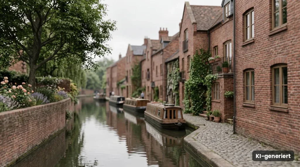 Backsteinhäuser an einem Kanal mit Hausbooten und blühendem Ufer