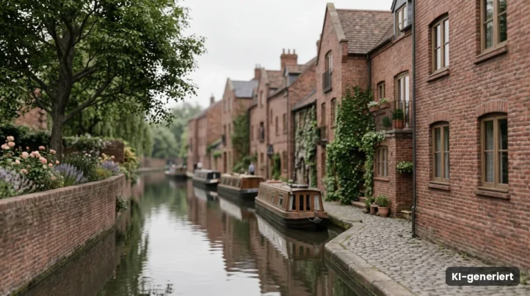 Backsteinhäuser an einem Kanal mit Hausbooten und blühendem Ufer