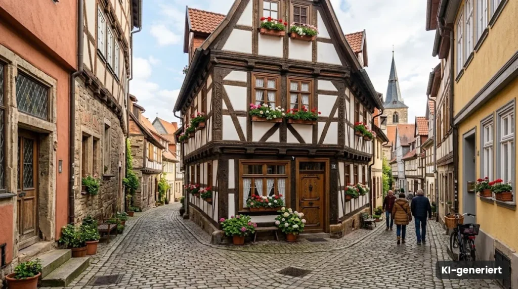 Fachwerkhaus mit Blumenkästen in einer Altstadtgasse mit Kopfsteinpflaster