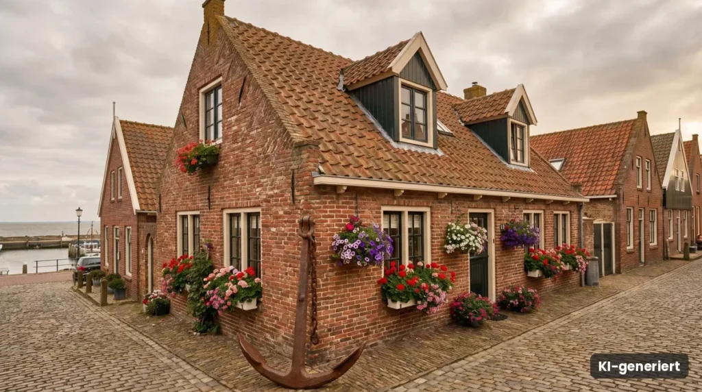 Norddeutsche Backsteinhäuser mit Blumenkästen an einer gepflasterten Straße