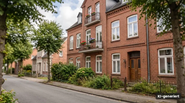 Rote Backstein-Stadthäuser mit Balkonen an einer ruhigen Allee