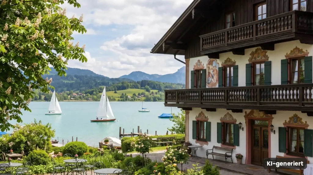 Haus mit Holzbalkonen an einem See mit Segelbooten und Hügeln