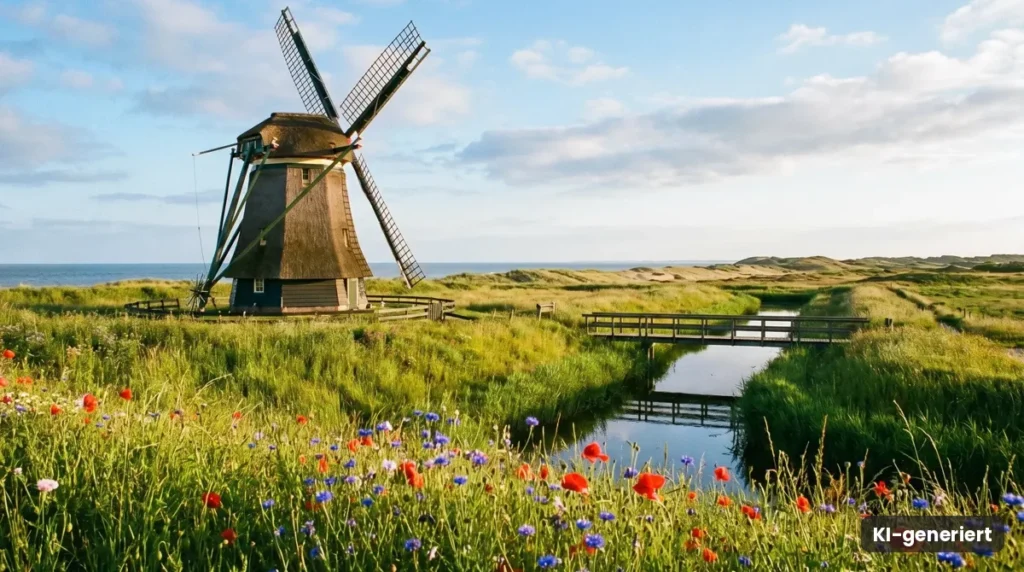 Windmühle in einer weiten Wiesenlandschaft mit Wassergraben