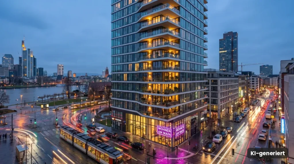 Moderner Wohnturm in einer Stadt am Abend mit Straßenbahn