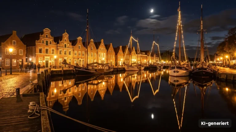 Historischer Hafen mit Giebelhäusern und beleuchteten Segelschiffen am Abend