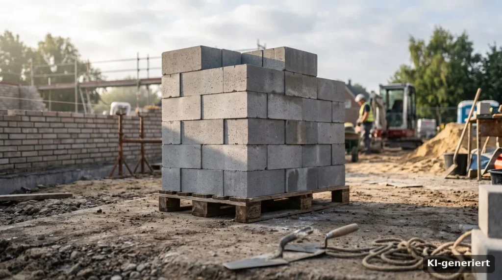 Baustelle mit gestapelten Steinen auf einer Palette