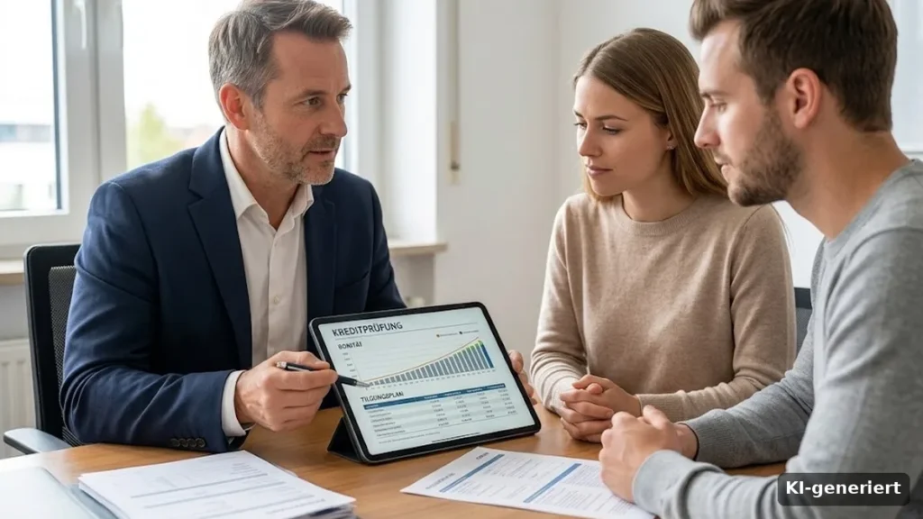 Paar bespricht mit einem Berater am Tisch die Finanzierung auf einem Tablet