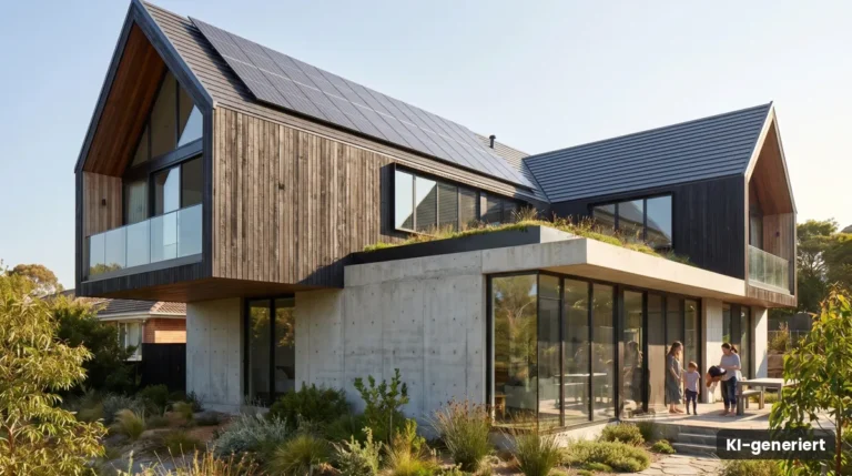 Modernes Einfamilienhaus mit Photovoltaik auf dem Dach und Familie im Garten