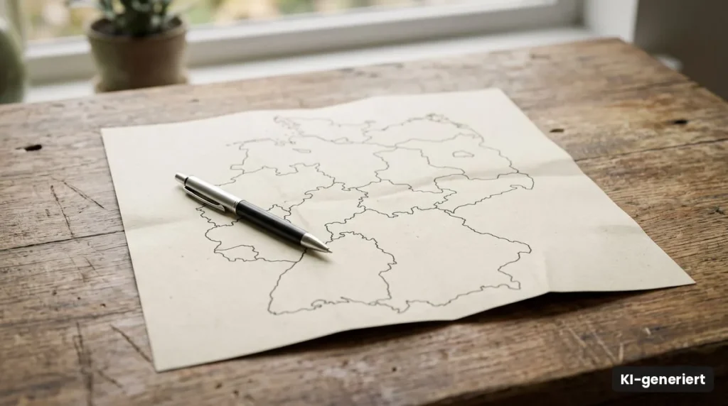 Umrisskarte von Deutschland mit Stift auf einem Holztisch