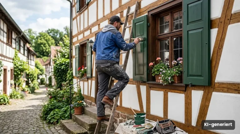 Handwerker streicht Fensterläden an einem Fachwerkhaus
