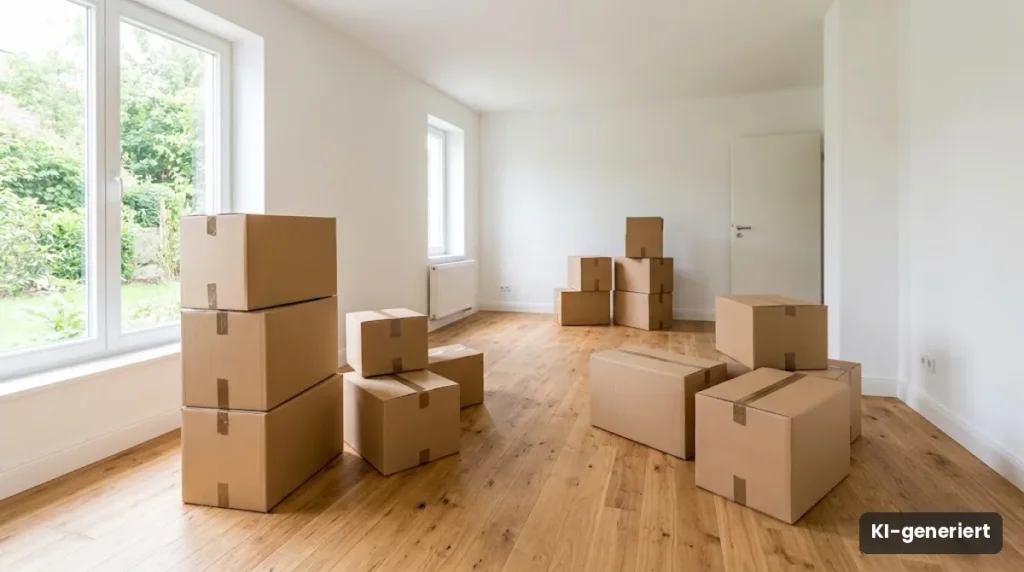 Umzugskartons in einer hellen, leeren Wohnung mit Holzboden