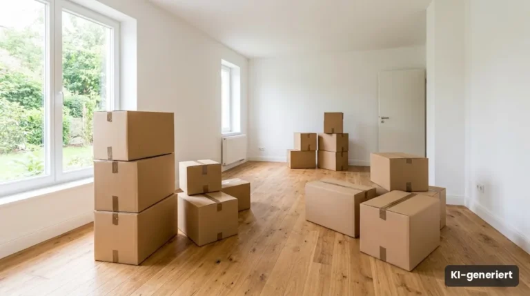 Umzugskartons in einer hellen, leeren Wohnung mit Holzboden
