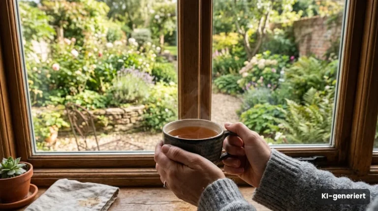 Hände halten eine Teetasse vor einem Fenster mit Blick in den Garten