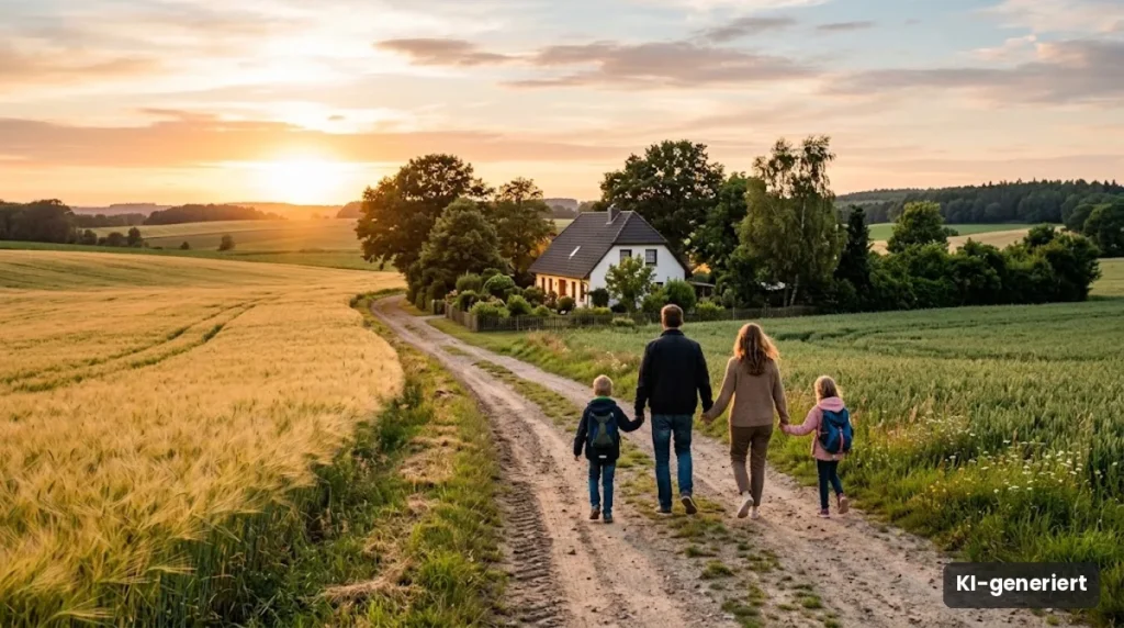 Familie geht bei Sonnenuntergang auf einem Feldweg zu einem Haus