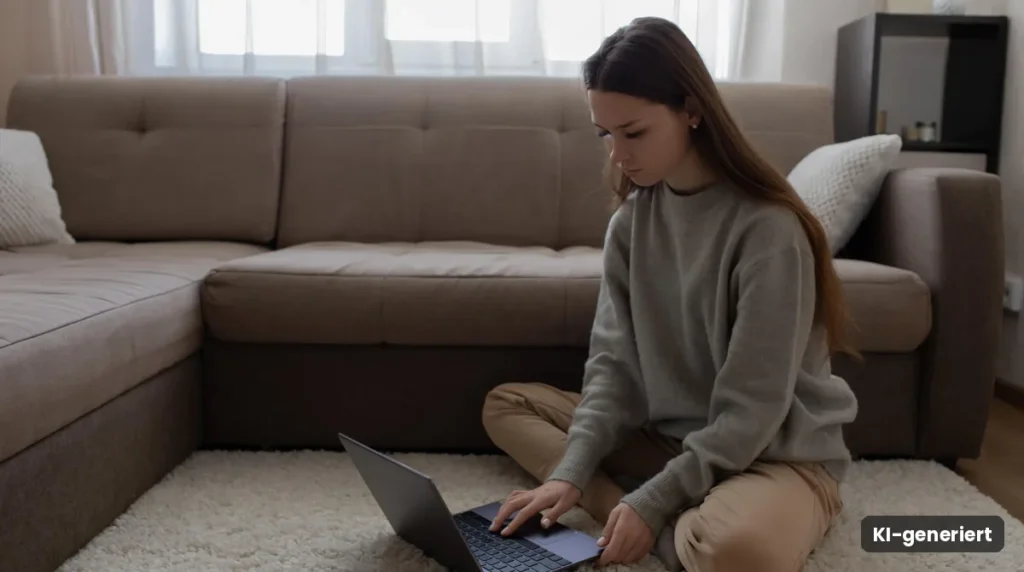 Junge Frau sitzt in ihrer Mietwohnung auf dem Teppich und rechnet am Laptop