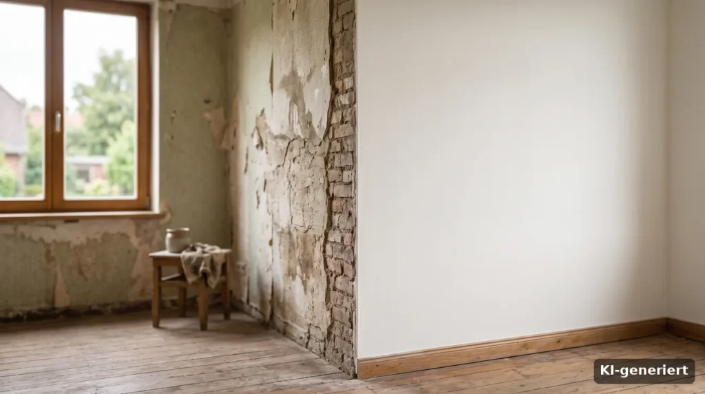 Halb renovierter Raum mit freiliegendem Mauerwerk und frisch gestrichener Wand