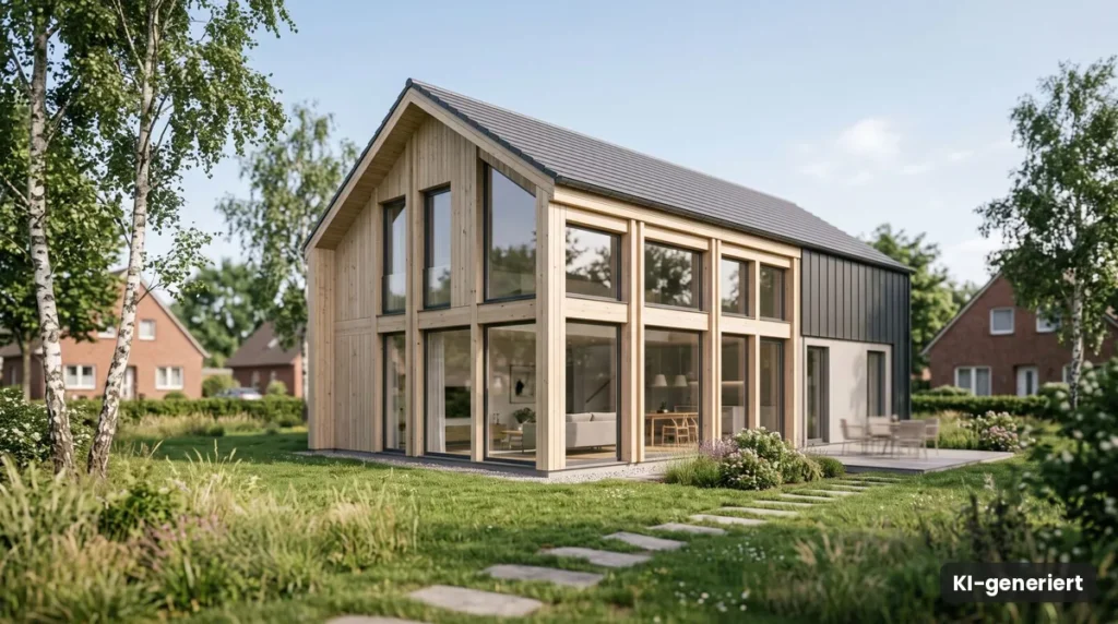 Modernes Holzhaus mit großen Fenstern auf einem Grundstück mit Birken
