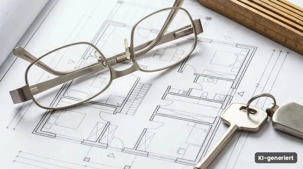 Grundriss mit Lesebrille, Zollstock und Hausschlüssel auf einem Tisch