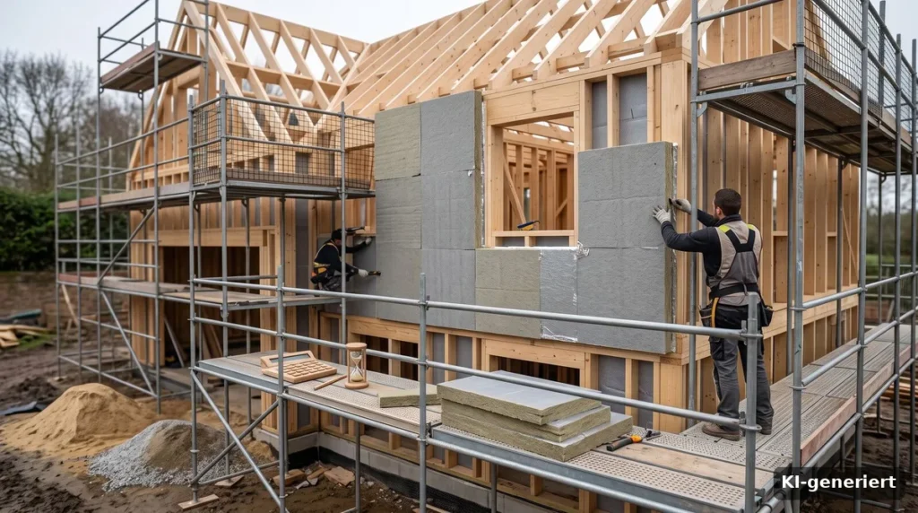 Handwerker bringen Dämmplatten an der Fassade eines Hauses an