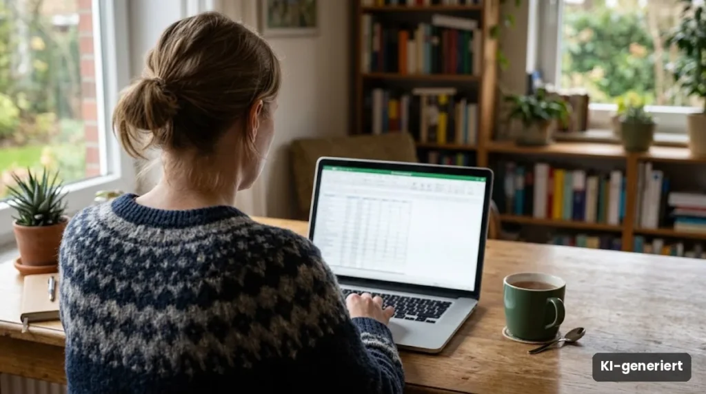 Frau vergleicht am Laptop Zahlen in einer Tabelle
