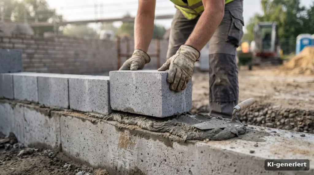 Handwerker setzt einen Mauerstein in die erste Reihe einer Wand