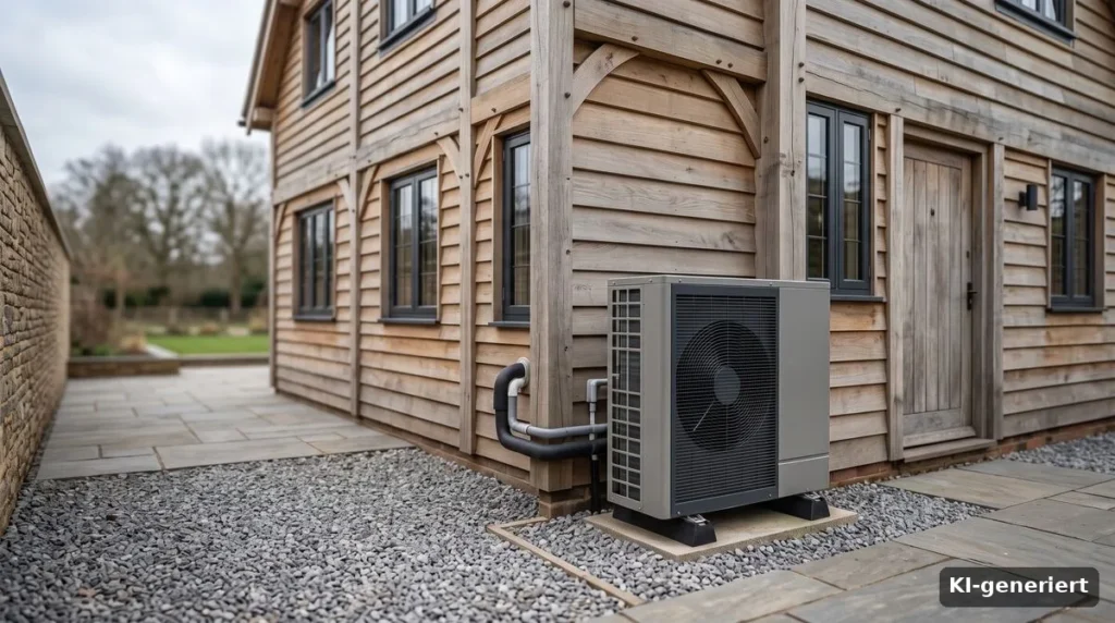 Außengerät einer Luft-Wärmepumpe an einem Haus mit Holzfassade