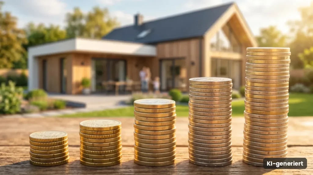 Wachsende Münzstapel vor einem modernen Einfamilienhaus