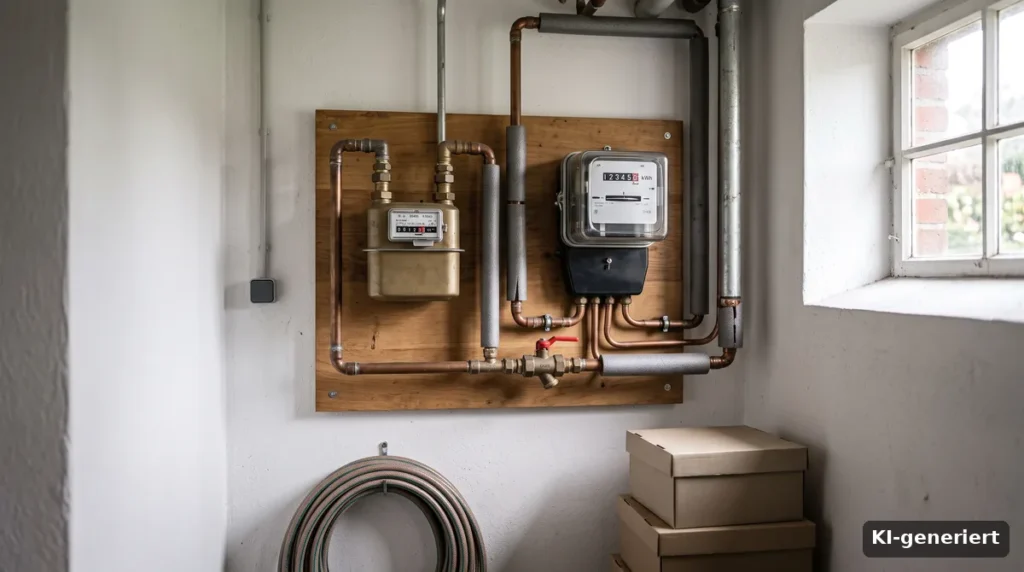 Gas- und Stromzähler an einer Holzplatte im Hauswirtschaftsraum
