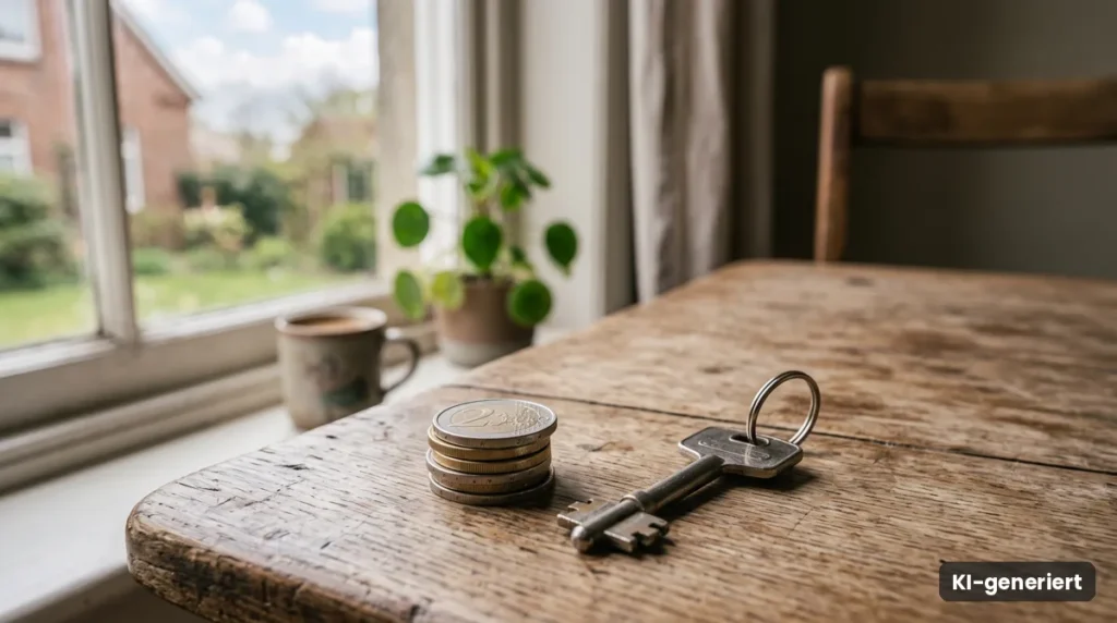 Münzstapel und Hausschlüssel auf einem Holztisch am Fenster